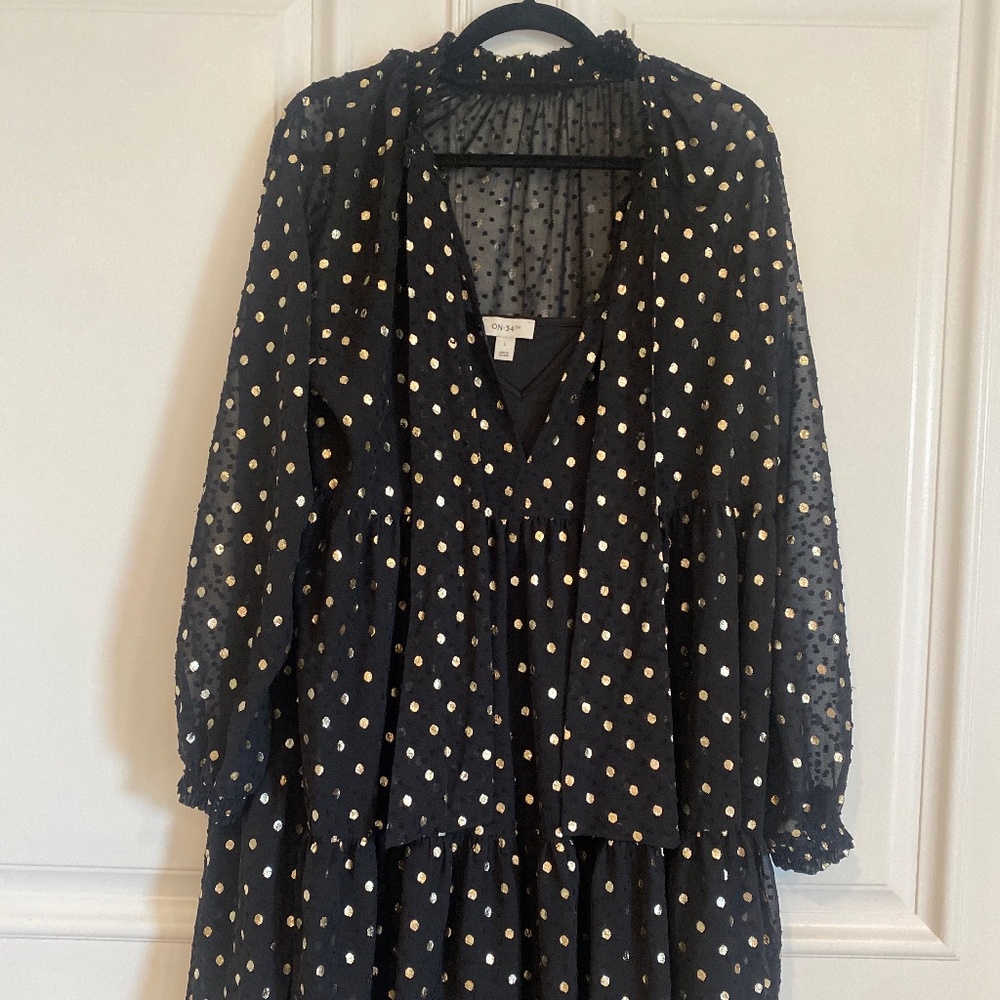 On 34th black metallic polka dot dress with solid black slip